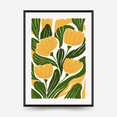 Soyut çiçek posterleri şablonu. Modern trend Matisse minimal tarzı. Pembe ve mavi renkler. Duvar kağıdı, duvar dekoru, baskı, kartpostal, kapak, şablon, pankart için el çizimi tasarımı. 