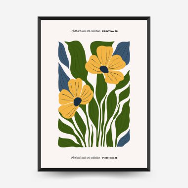 Soyut çiçek posterleri şablonu. Modern trend Matisse minimal tarzı. Pembe ve mavi renkler. Duvar kağıdı, duvar dekoru, baskı, kartpostal, kapak, şablon, pankart için el çizimi tasarımı. 