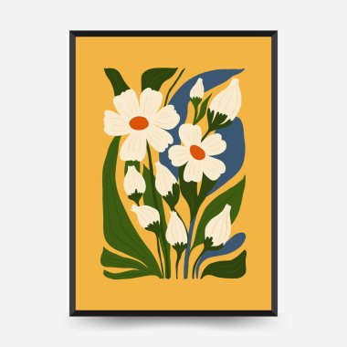 Soyut çiçek posterleri şablonu. Modern trend Matisse minimal tarzı. Pembe ve mavi renkler. Duvar kağıdı, duvar dekoru, baskı, kartpostal, kapak, şablon, pankart için el çizimi tasarımı. 