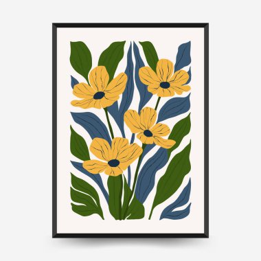 Soyut çiçek posterleri şablonu. Modern trend Matisse minimal tarzı. Pembe ve mavi renkler. Duvar kağıdı, duvar dekoru, baskı, kartpostal, kapak, şablon, pankart için el çizimi tasarımı. 