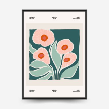 Soyut çiçek posterleri şablonu. Modern trend Matisse minimal tarzı. Pembe ve mavi renkler. Duvar kağıdı, duvar dekoru, baskı, kartpostal, kapak, şablon, pankart için el çizimi tasarımı. 