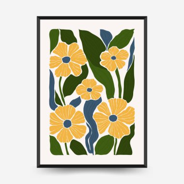 Soyut çiçek posterleri şablonu. Modern trend Matisse minimal tarzı. Pembe ve mavi renkler. Duvar kağıdı, duvar dekoru, baskı, kartpostal, kapak, şablon, pankart için el çizimi tasarımı. 