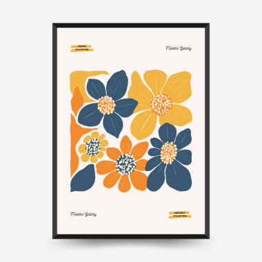 Soyut çiçek posterleri şablonu. Modern trend Matisse minimal tarzı. Pembe ve mavi renkler. Duvar kağıdı, duvar dekoru, baskı, kartpostal, kapak, şablon, pankart için el çizimi tasarımı. 