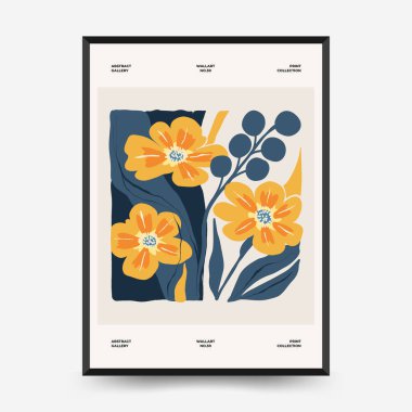 Soyut çiçek posterleri şablonu. Modern trend Matisse minimal tarzı. Pembe ve mavi renkler. Duvar kağıdı, duvar dekoru, baskı, kartpostal, kapak, şablon, pankart için el çizimi tasarımı. 