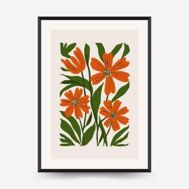 Soyut çiçek posterleri şablonu. Modern trend Matisse minimal tarzı. Pembe ve mavi renkler. Duvar kağıdı, duvar dekoru, baskı, kartpostal, kapak, şablon, pankart için el çizimi tasarımı. 