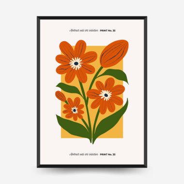 Soyut çiçek posterleri şablonu. Modern trend Matisse minimal tarzı. Pembe ve mavi renkler. Duvar kağıdı, duvar dekoru, baskı, kartpostal, kapak, şablon, pankart için el çizimi tasarımı. 