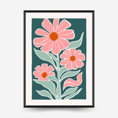 Soyut çiçek posterleri şablonu. Modern trend Matisse minimal tarzı. Pembe ve mavi renkler. Duvar kağıdı, duvar dekoru, baskı, kartpostal, kapak, şablon, pankart için el çizimi tasarımı. 