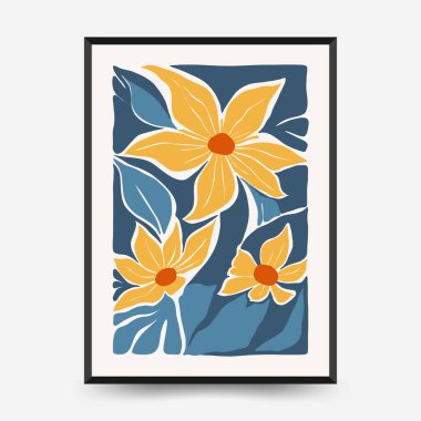 Soyut çiçek posterleri şablonu. Modern trend Matisse minimal tarzı. Pembe ve mavi renkler. Duvar kağıdı, duvar dekoru, baskı, kartpostal, kapak, şablon, pankart için el çizimi tasarımı. 