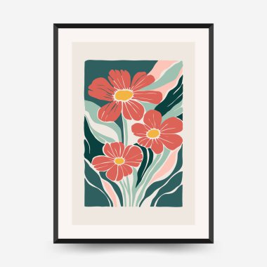 Soyut çiçek posterleri şablonu. Modern trend Matisse minimal tarzı. Pembe ve mavi renkler. Duvar kağıdı, duvar dekoru, baskı, kartpostal, kapak, şablon, pankart için el çizimi tasarımı. 