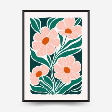 Soyut çiçek posterleri şablonu. Modern trend Matisse minimal tarzı. Pembe ve mavi renkler. Duvar kağıdı, duvar dekoru, baskı, kartpostal, kapak, şablon, pankart için el çizimi tasarımı. 