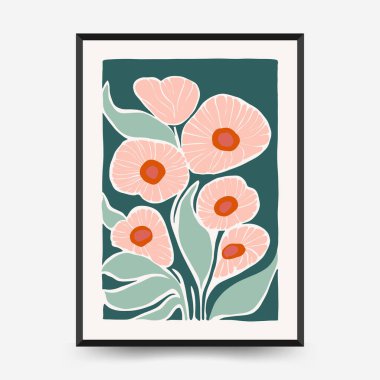 Soyut çiçek posterleri şablonu. Modern trend Matisse minimal tarzı. Pembe ve mavi renkler. Duvar kağıdı, duvar dekoru, baskı, kartpostal, kapak, şablon, pankart için el çizimi tasarımı. 
