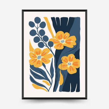 Soyut çiçek posterleri şablonu. Modern trend Matisse minimal tarzı. Pembe ve mavi renkler. Duvar kağıdı, duvar dekoru, baskı, kartpostal, kapak, şablon, pankart için el çizimi tasarımı. 