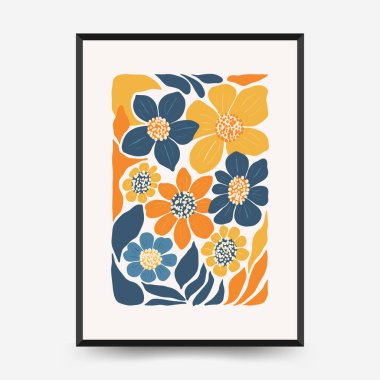 Soyut çiçek posterleri şablonu. Modern trend Matisse minimal tarzı. Pembe ve mavi renkler. Duvar kağıdı, duvar dekoru, baskı, kartpostal, kapak, şablon, pankart için el çizimi tasarımı. 