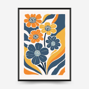 Soyut çiçek posterleri şablonu. Modern trend Matisse minimal tarzı. Pembe ve mavi renkler. Duvar kağıdı, duvar dekoru, baskı, kartpostal, kapak, şablon, pankart için el çizimi tasarımı. 