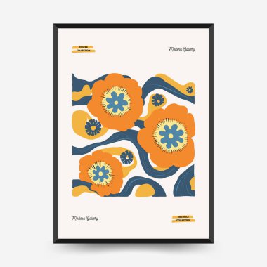 Soyut çiçek posterleri şablonu. Modern trend Matisse minimal tarzı. Pembe ve mavi renkler. Duvar kağıdı, duvar dekoru, baskı, kartpostal, kapak, şablon, pankart için el çizimi tasarımı. 