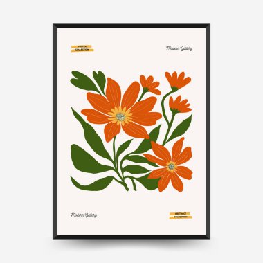 Soyut çiçek posterleri şablonu. Modern trend Matisse minimal tarzı. Pembe ve mavi renkler. Duvar kağıdı, duvar dekoru, baskı, kartpostal, kapak, şablon, pankart için el çizimi tasarımı. 