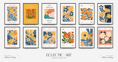 Soyut çiçek posterleri şablonu. Modern trend Matisse minimal tarzı. Pembe ve mavi renkler. Duvar kağıdı, duvar dekoru, baskı, kartpostal, kapak, şablon, pankart için el çizimi tasarımı. 