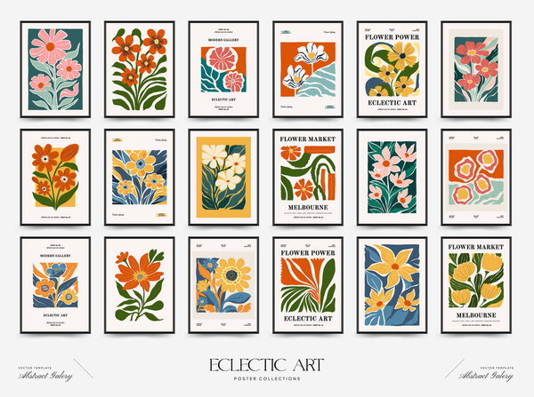 Abstract floral posters template. Modern trendy Matisse minimal style. Pink and blue colors. Hand drawn design for wallpaper, wall decor, print, postcard, cover, template, banner. 