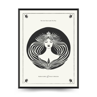 Soyut linocut çiçek posteri şablonu. Modern trend Matisse minimal tarzı. Siyah ve beyaz renkler. Sihir, kızlar ve mistik. Duvar kağıdı, duvar dekoru, baskı, kartpostal, kapak, şablon, pankart için el çizimi tasarımı. 