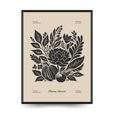 Soyut linocut çiçek posteri şablonu. Modern trend Matisse minimal tarzı. Siyah ve beyaz renkler. Sihir, kızlar ve mistik. Duvar kağıdı, duvar dekoru, baskı, kartpostal, kapak, şablon, pankart için el çizimi tasarımı. 