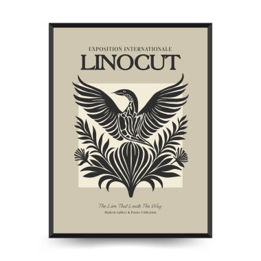 Soyut linocut çiçek posteri şablonu. Modern trend Matisse minimal tarzı. Siyah ve beyaz renkler. Sihir, kızlar ve mistik. Duvar kağıdı, duvar dekoru, baskı, kartpostal, kapak, şablon, pankart için el çizimi tasarımı. 