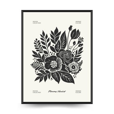 Soyut linocut çiçek posteri şablonu. Modern trend Matisse minimal tarzı. Siyah ve beyaz renkler. Sihir, kızlar ve mistik. Duvar kağıdı, duvar dekoru, baskı, kartpostal, kapak, şablon, pankart için el çizimi tasarımı. 