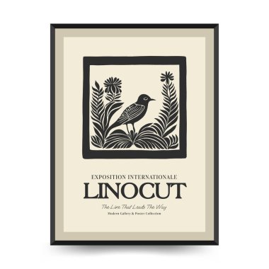 Soyut linocut çiçek posteri şablonu. Modern trend Matisse minimal tarzı. Siyah ve beyaz renkler. Sihir, kızlar ve mistik. Duvar kağıdı, duvar dekoru, baskı, kartpostal, kapak, şablon, pankart için el çizimi tasarımı. 