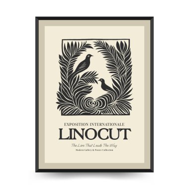 Soyut linocut çiçek posteri şablonu. Modern trend Matisse minimal tarzı. Siyah ve beyaz renkler. Sihir, kızlar ve mistik. Duvar kağıdı, duvar dekoru, baskı, kartpostal, kapak, şablon, pankart için el çizimi tasarımı. 