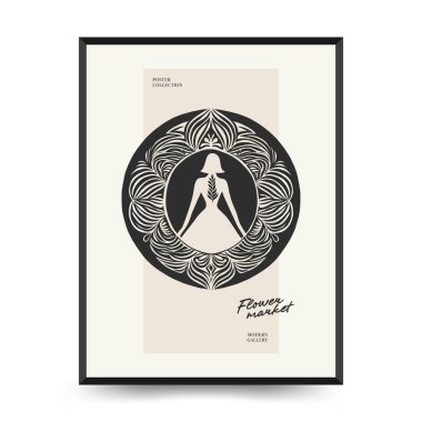 Soyut linocut çiçek posteri şablonu. Modern trend Matisse minimal tarzı. Siyah ve beyaz renkler. Sihir, kızlar ve mistik. Duvar kağıdı, duvar dekoru, baskı, kartpostal, kapak, şablon, pankart için el çizimi tasarımı. 