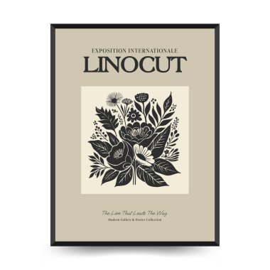 Soyut linocut çiçek posteri şablonu. Modern trend Matisse minimal tarzı. Siyah ve beyaz renkler. Sihir, kızlar ve mistik. Duvar kağıdı, duvar dekoru, baskı, kartpostal, kapak, şablon, pankart için el çizimi tasarımı. 