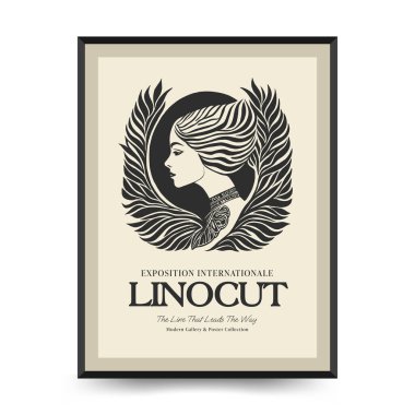 Soyut linocut çiçek posteri şablonu. Modern trend Matisse minimal tarzı. Siyah ve beyaz renkler. Sihir, kızlar ve mistik. Duvar kağıdı, duvar dekoru, baskı, kartpostal, kapak, şablon, pankart için el çizimi tasarımı. 