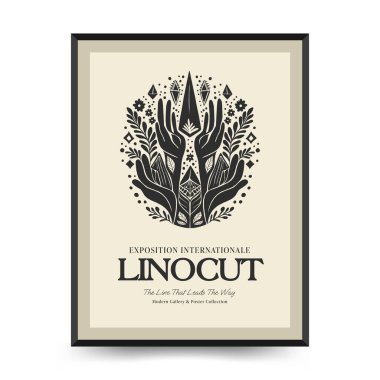 Soyut linocut çiçek posteri şablonu. Modern trend Matisse minimal tarzı. Siyah ve beyaz renkler. Sihir, kızlar ve mistik. Duvar kağıdı, duvar dekoru, baskı, kartpostal, kapak, şablon, pankart için el çizimi tasarımı. 
