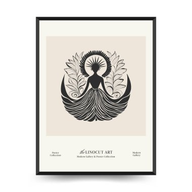 Soyut linocut çiçek posteri şablonu. Modern trend Matisse minimal tarzı. Siyah ve beyaz renkler. Sihir, kızlar ve mistik. Duvar kağıdı, duvar dekoru, baskı, kartpostal, kapak, şablon, pankart için el çizimi tasarımı. 