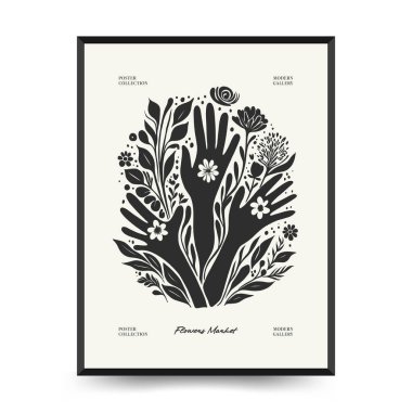 Soyut linocut çiçek posteri şablonu. Modern trend Matisse minimal tarzı. Siyah ve beyaz renkler. Sihir, kızlar ve mistik. Duvar kağıdı, duvar dekoru, baskı, kartpostal, kapak, şablon, pankart için el çizimi tasarımı. 