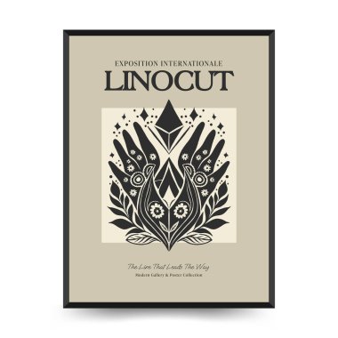 Soyut linocut çiçek posteri şablonu. Modern trend Matisse minimal tarzı. Siyah ve beyaz renkler. Sihir, kızlar ve mistik. Duvar kağıdı, duvar dekoru, baskı, kartpostal, kapak, şablon, pankart için el çizimi tasarımı. 