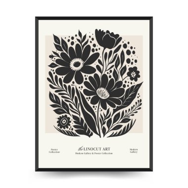 Soyut linocut çiçek posteri şablonu. Modern trend Matisse minimal tarzı. Siyah ve beyaz renkler. Sihir, kızlar ve mistik. Duvar kağıdı, duvar dekoru, baskı, kartpostal, kapak, şablon, pankart için el çizimi tasarımı. 