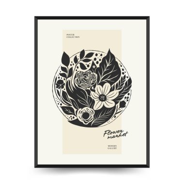 Soyut linocut çiçek posteri şablonu. Modern trend Matisse minimal tarzı. Siyah ve beyaz renkler. Sihir, kızlar ve mistik. Duvar kağıdı, duvar dekoru, baskı, kartpostal, kapak, şablon, pankart için el çizimi tasarımı. 