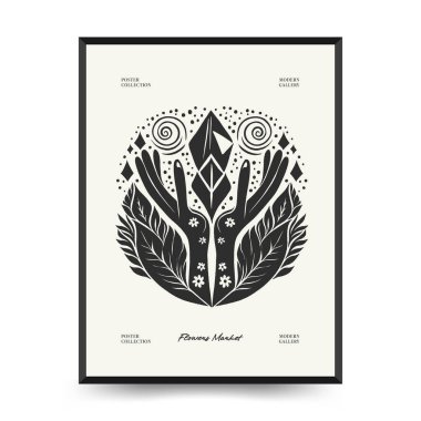 Soyut linocut çiçek posteri şablonu. Modern trend Matisse minimal tarzı. Siyah ve beyaz renkler. Sihir, kızlar ve mistik. Duvar kağıdı, duvar dekoru, baskı, kartpostal, kapak, şablon, pankart için el çizimi tasarımı. 