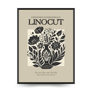 Soyut linocut çiçek posteri şablonu. Modern trend Matisse minimal tarzı. Siyah ve beyaz renkler. Sihir, kızlar ve mistik. Duvar kağıdı, duvar dekoru, baskı, kartpostal, kapak, şablon, pankart için el çizimi tasarımı. 