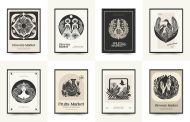 Soyut linocut çiçek posteri şablonu. Modern trend Matisse minimal tarzı. Siyah ve beyaz renkler. Sihir, kızlar ve mistik. Duvar kağıdı, duvar dekoru, baskı, kartpostal, kapak, şablon, pankart için el çizimi tasarımı. 