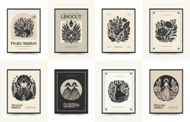 Soyut linocut çiçek posteri şablonu. Modern trend Matisse minimal tarzı. Siyah ve beyaz renkler. Sihir, kızlar ve mistik. Duvar kağıdı, duvar dekoru, baskı, kartpostal, kapak, şablon, pankart için el çizimi tasarımı. 