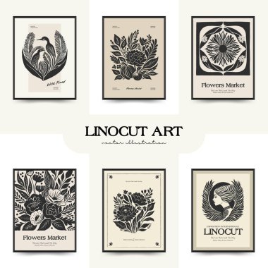 Soyut linocut çiçek posteri şablonu. Modern trend Matisse minimal tarzı. Siyah ve beyaz renkler. Sihir, kızlar ve mistik. Duvar kağıdı, duvar dekoru, baskı, kartpostal, kapak, şablon, pankart için el çizimi tasarımı. 