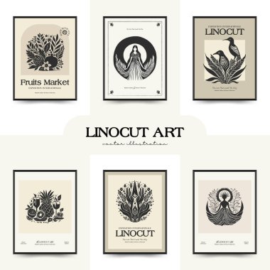 Soyut linocut çiçek posteri şablonu. Modern trend Matisse minimal tarzı. Siyah ve beyaz renkler. Sihir, kızlar ve mistik. Duvar kağıdı, duvar dekoru, baskı, kartpostal, kapak, şablon, pankart için el çizimi tasarımı. 