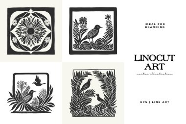 Büyülü soyut linocut çiçekler, kızlar ve süslü İskandinav tarzında mistik şeyler. El çizimi İllüstrasyon, Linocut Blok Yazısı.