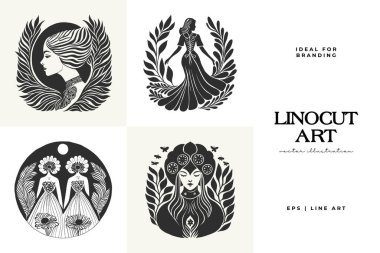 Büyülü soyut linocut çiçekler, kızlar ve süslü İskandinav tarzında mistik şeyler. El çizimi İllüstrasyon, Linocut Blok Yazısı.