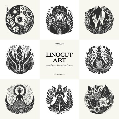 Büyülü soyut linocut çiçekler, kızlar ve süslü İskandinav tarzında mistik şeyler. El çizimi İllüstrasyon, Linocut Blok Yazısı.