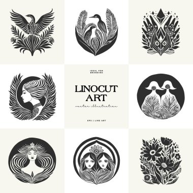 Büyülü soyut linocut çiçekler, kızlar ve süslü İskandinav tarzında mistik şeyler. El çizimi İllüstrasyon, Linocut Blok Yazısı.