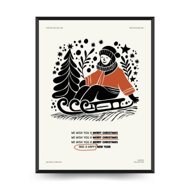 Mutlu Noeller ve mutlu yıllar dikey uçucu ya da poster şablonu. Modern trend Matisse minimal tarzı. Duvar kağıdı, duvar dekoru, baskı, kartpostal, kapak, şablon, pankart için el çizimi tasarımı.
