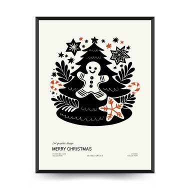 Mutlu Noeller ve mutlu yıllar dikey uçucu ya da poster şablonu. Modern trend Matisse minimal tarzı. Duvar kağıdı, duvar dekoru, baskı, kartpostal, kapak, şablon, pankart için el çizimi tasarımı.