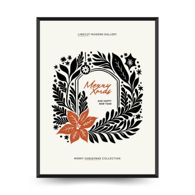 Mutlu Noeller ve mutlu yıllar dikey uçucu ya da poster şablonu. Modern trend Matisse minimal tarzı. Duvar kağıdı, duvar dekoru, baskı, kartpostal, kapak, şablon, pankart için el çizimi tasarımı.